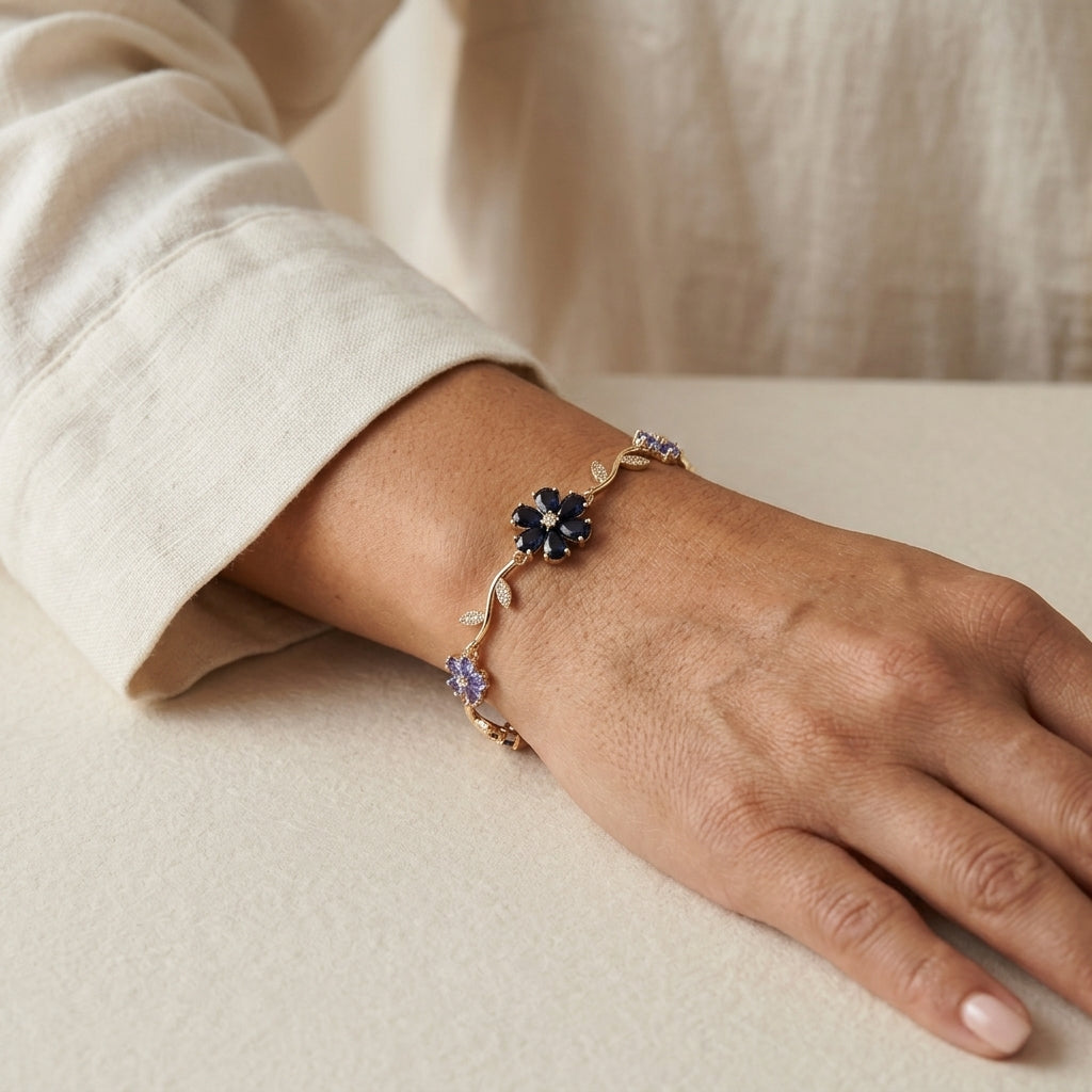 Gold-Tone Midnight Blue Flower Vine Bracelet — product view