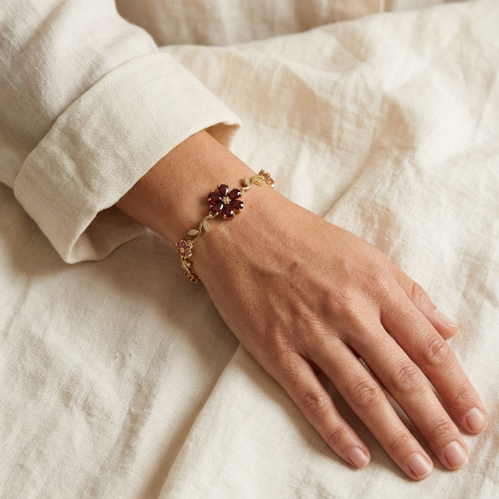Gold-Tone Burgundy Flower Vine Bracelet — product view
