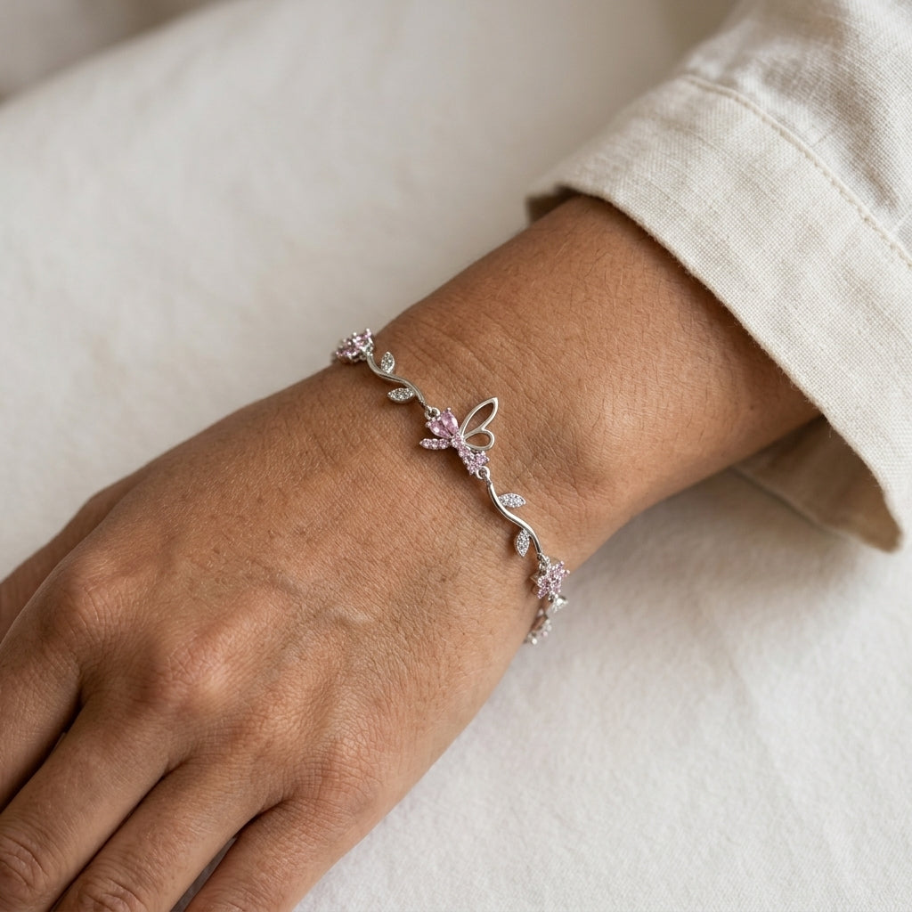 Silver-Tone Pink Butterfly Vine Bracelet — product view