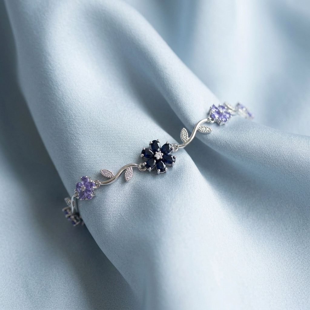 Silver-Tone Midnight Blue Flower Vine Bracelet — detail view